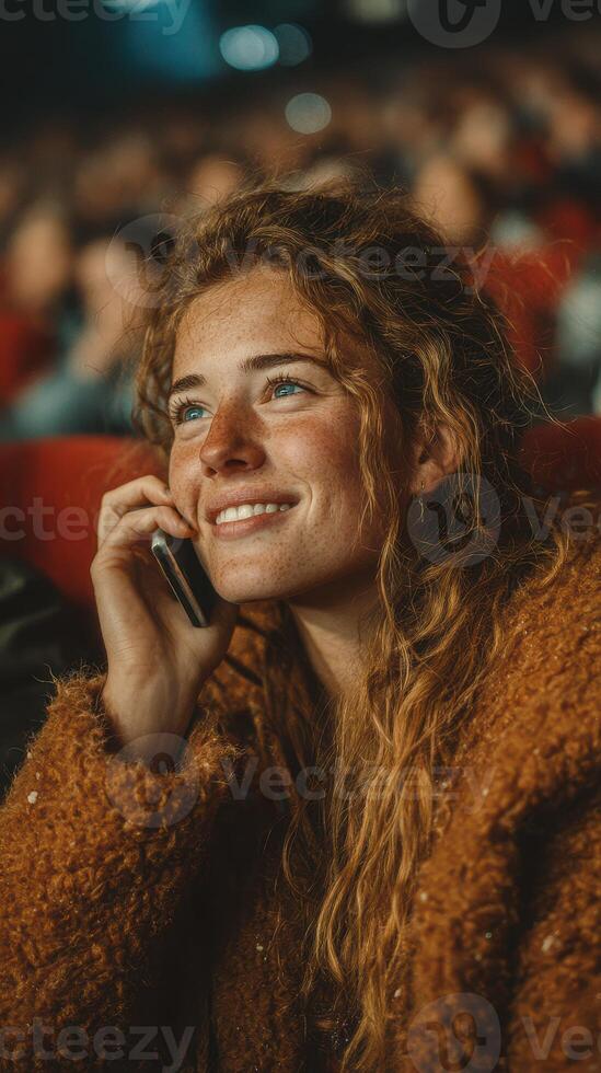 Young woman smiles while talking on the phone in a theater filled with an audience during a movie screening photo