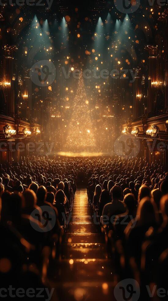Crowd gathered to celebrate the holiday season in a grand theater with a dazzling Christmas tree photo