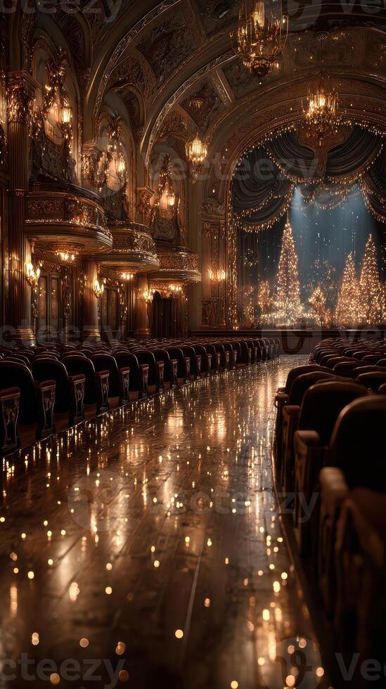 Elegant theater interior adorned for a festive celebration with shimmering lights and holiday trees photo