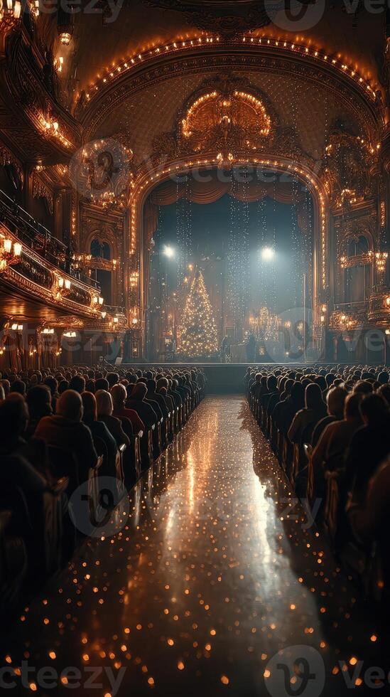 Elegant theater filled with an audience, featuring a festive Christmas tree under warm lights during a seasonal performance photo