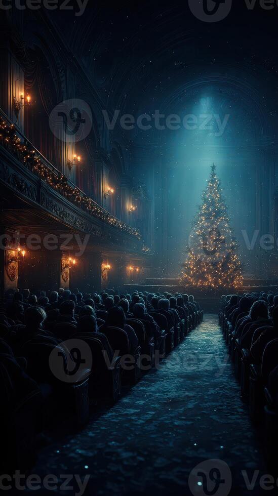 People enjoying a festive event in a theater with a large Christmas tree illuminated in the center during the holiday season photo