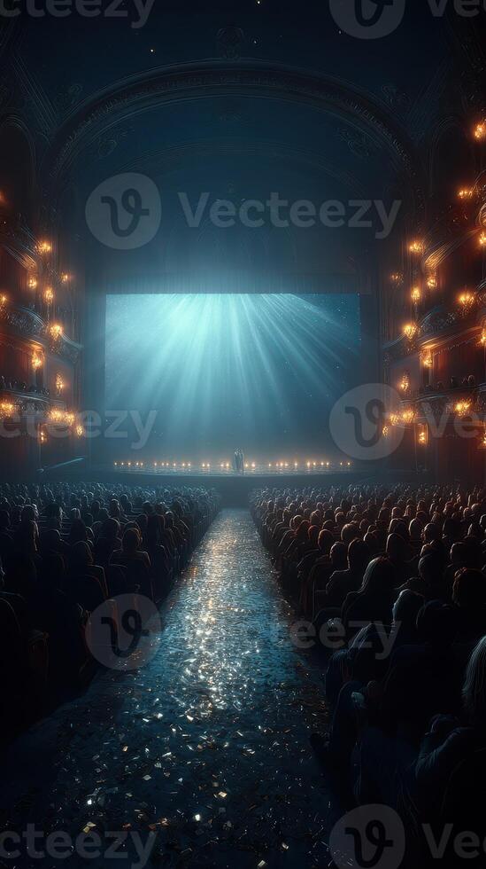 Stunning stage illuminated by dramatic lighting at a performance in a historic theater with an engaged audience photo