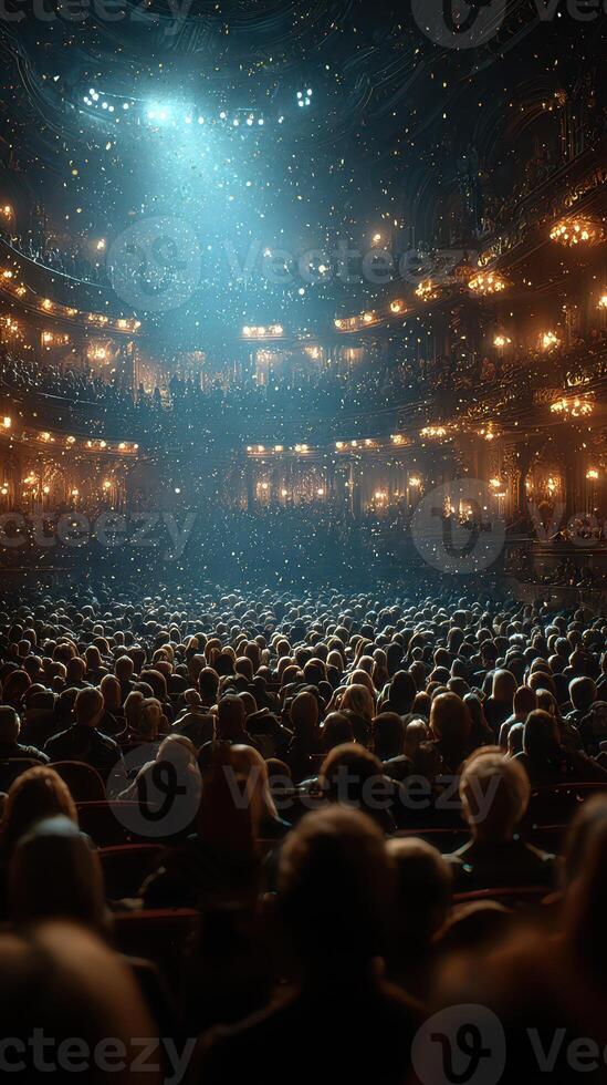 Dramatic performance in an ornate theater captivates a large audience during an evening show photo