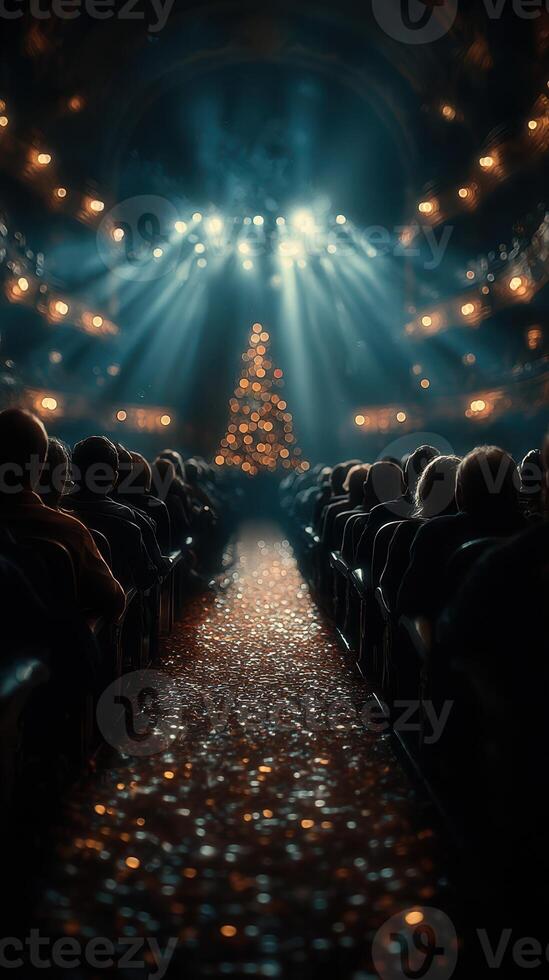 Audience enjoying a festive performance with a sparkling Christmas tree glow in the background at a theater during a winter evening photo