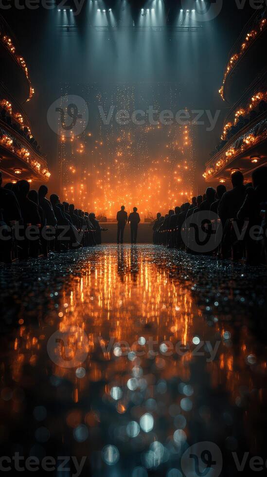 Evening performance at a grand theater with illuminated stage and audience in anticipation of the show photo