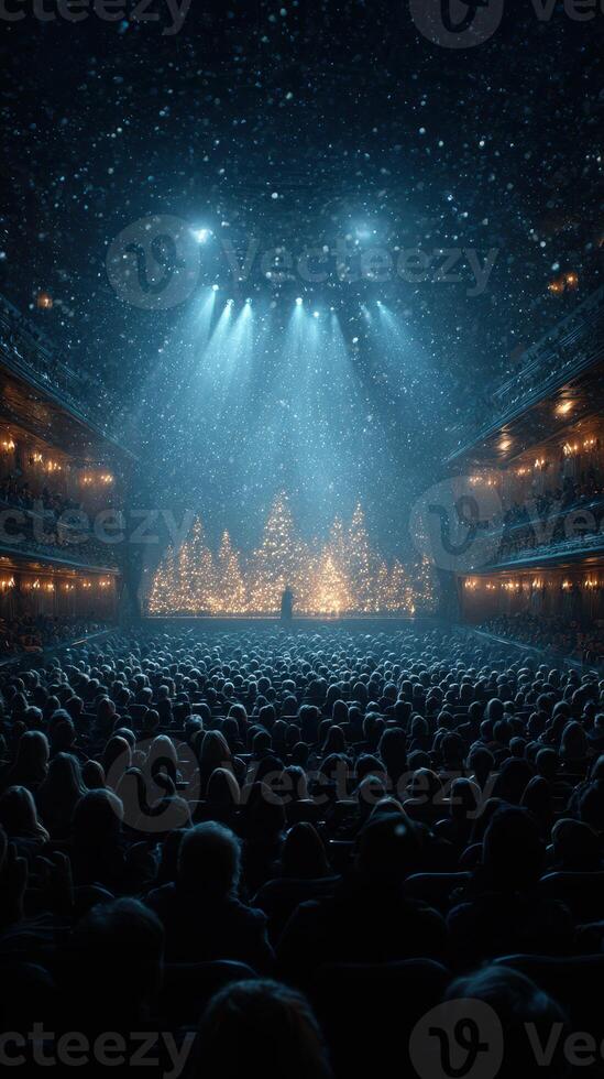 Winter concert takes place in an ornate theater filled with a snow-themed atmosphere and a crowd enjoying the holiday spirit photo