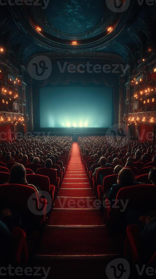 Audience awaits the performance in an ornate theater with red seating and golden accents during a dramatic evening event photo
