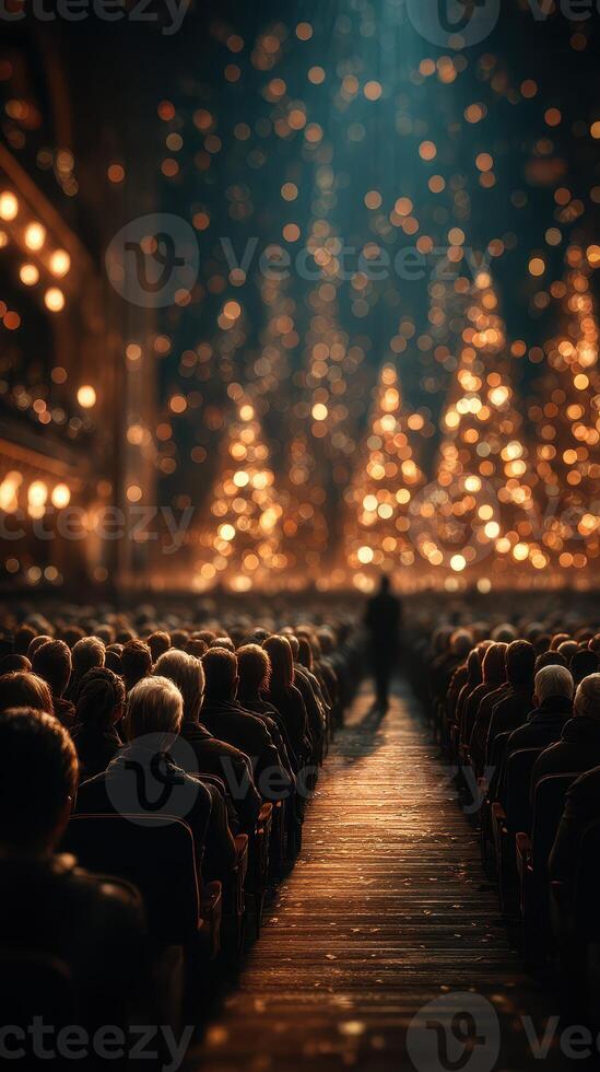 Audience enjoys a festive performance with glowing trees in a decorated theater during the holiday season photo