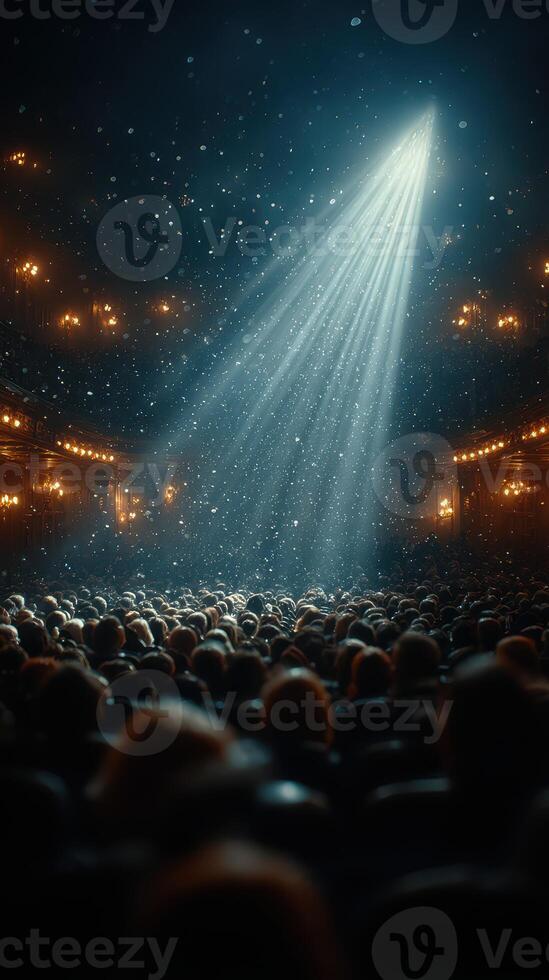 Crowd gathered in theater under spotlight during a performance filled with anticipation and excitement photo