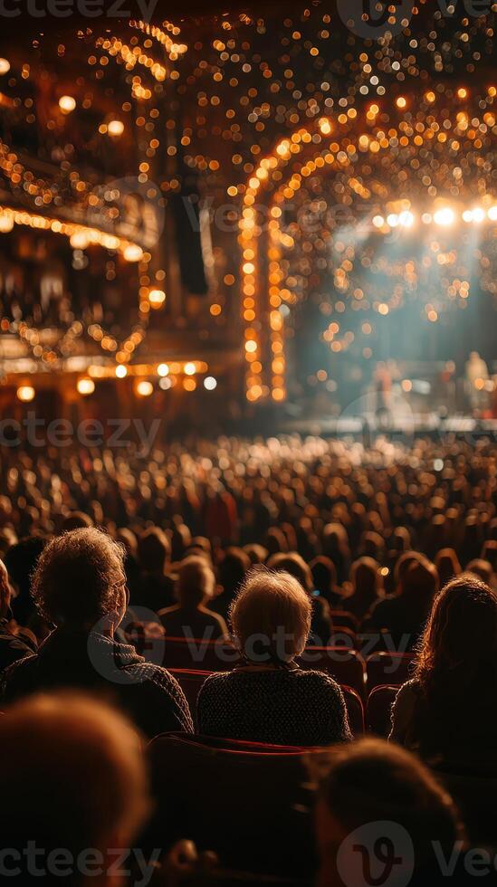 Audience enjoys a performance in a grand theater illuminated by soft lights in the evening photo