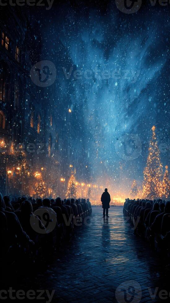 Nighttime winter event with audience, glowing decorations, and snow in a city square during the holiday season photo