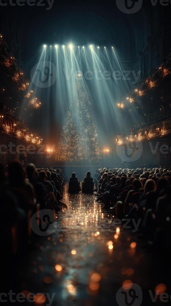 Christmas concert under bright lights with a majestic tree and a captivated audience in a grand venue photo