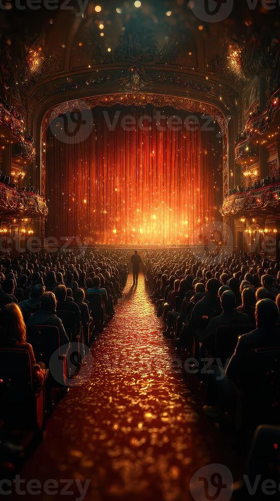 Spectacular theater performance set against a radiant curtain and captivated audience during an evening show photo
