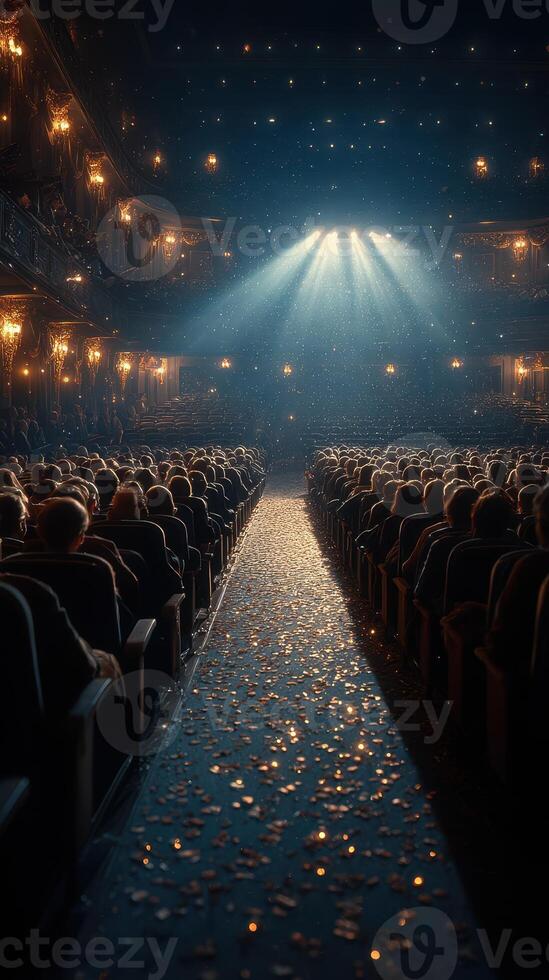 Rows of spectators await performance in historic theater illuminated by stage lights and surrounded by decorative chandeliers photo