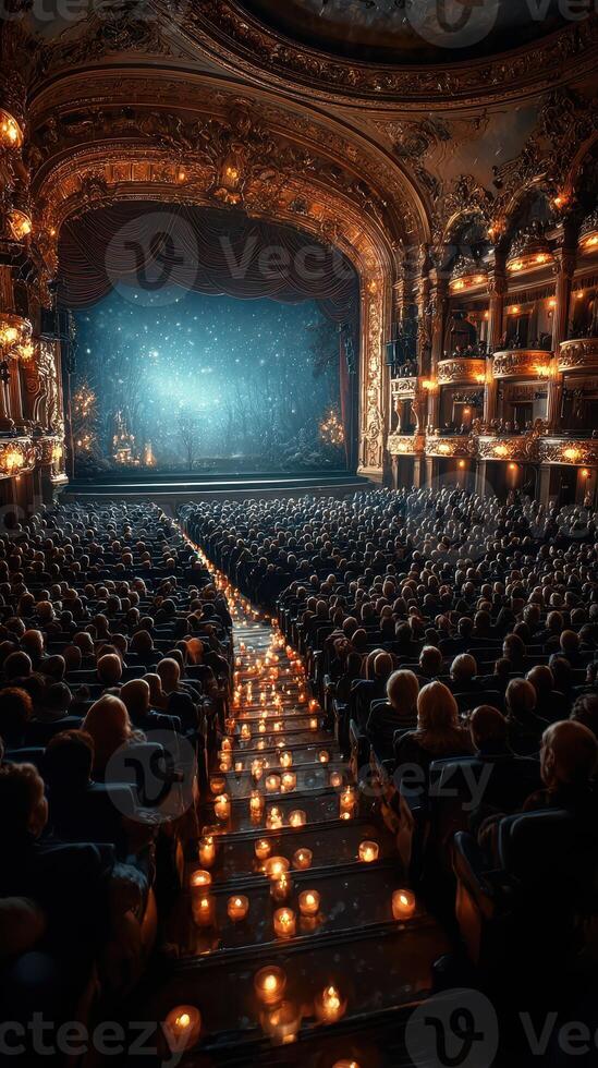 Elegant theater performance with a candlelit aisle and a captivated audience at dusk photo