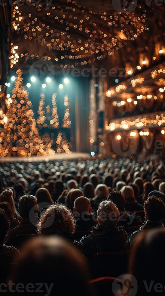 Audience gathered in a festive theater during a holiday performance with a decorated Christmas tree photo