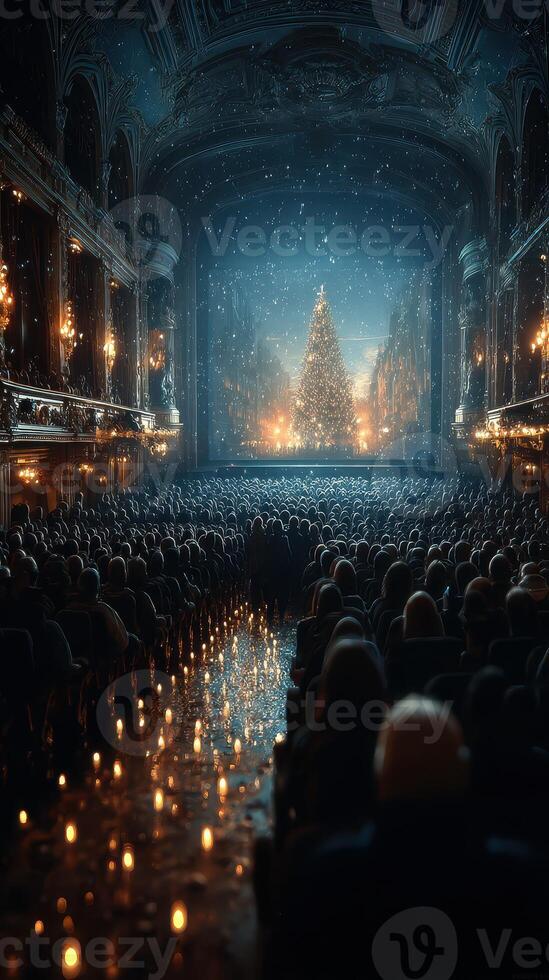 Crowd enjoys a Christmas movie screening in a beautifully decorated theater during the holiday season photo