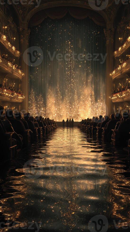 Magical evening in a grand theater with sparkling lights reflecting on water photo