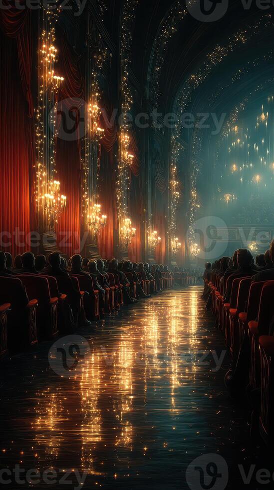 Richly illuminated theater interior with audience awaiting performance during evening event photo