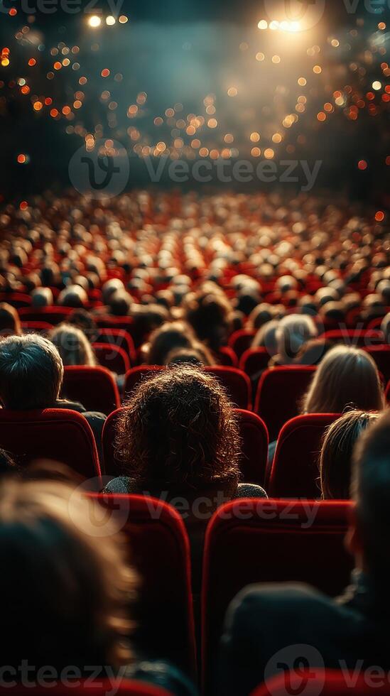 Audience watches a live performance in an auditorium with red seating and dimmed lights during an evening event photo