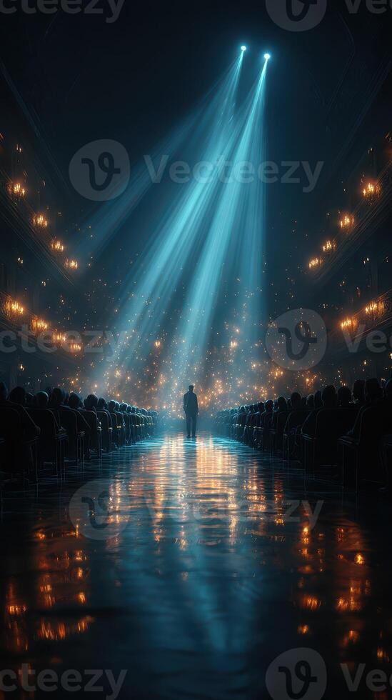 Performance under dramatic lighting in a grand hall creating a captivating atmosphere with an audience present photo