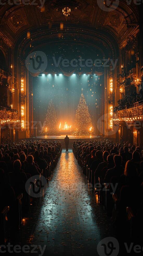 Audience enjoys a festive show with trees and lights in an ornate theater during a winter event photo