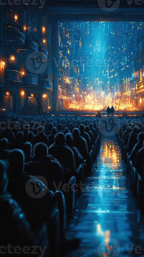People watching a captivating performance in a grand theater with brilliant lighting and an immersive backdrop photo