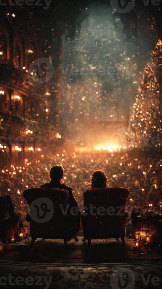 Evening celebration with candles and a Christmas tree in a theater full of people enjoying a special performance photo