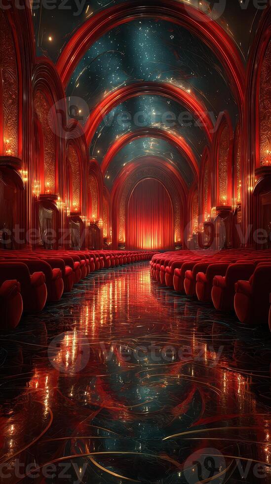 Luxurious theater interior with red decor and glimmering floor illuminated by soft lights photo
