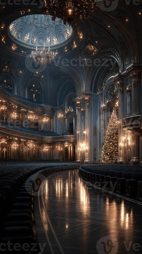 Elegant theater hall decorated for the holiday season with a glowing Christmas tree and intricate architecture photo