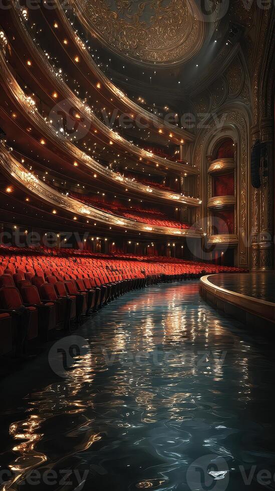 Luxurious theater interior featuring rows of red seats and shimmering water reflections during a vibrant performance photo