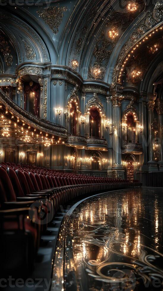 Elegant theater interior showcasing detailed architecture and enchanting lighting before a performance in the evening photo
