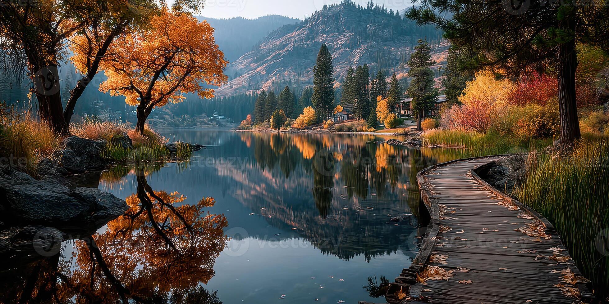 Vibrant autumn colors reflect on a serene lake surrounded by mountains and trees during golden hour photo