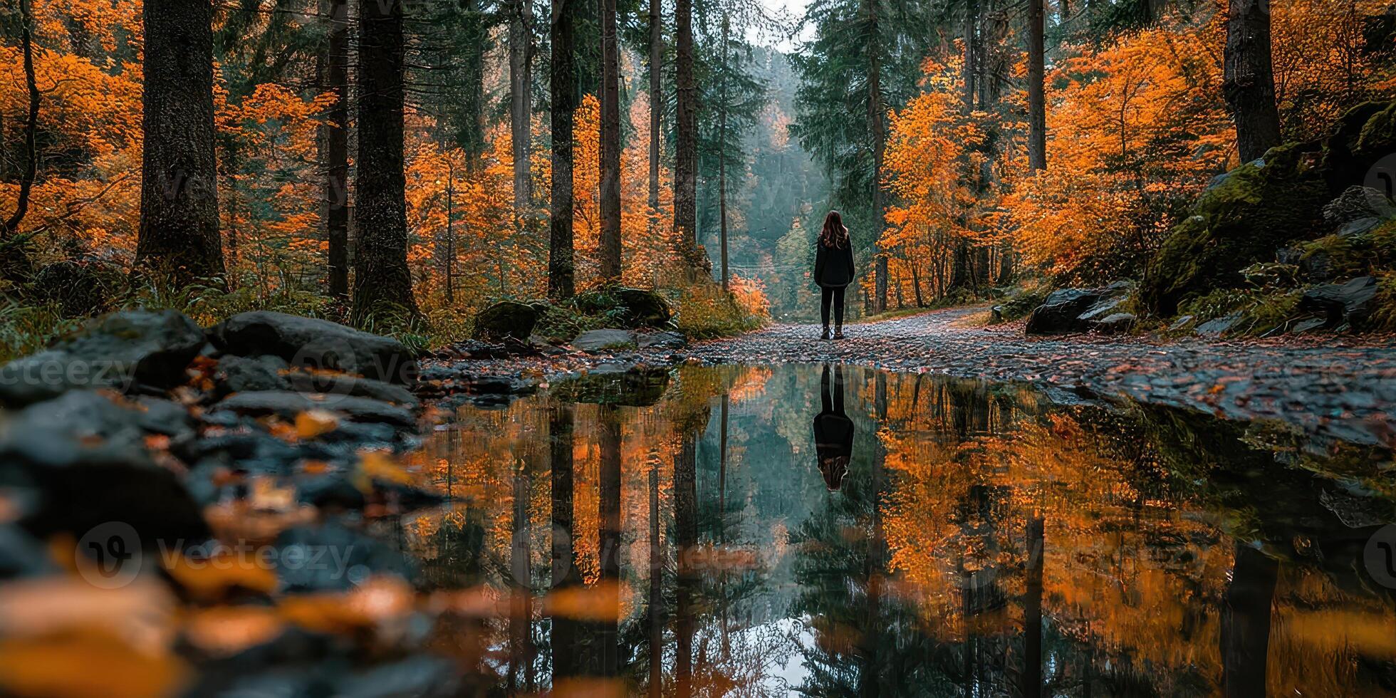 Person walking along a forest path with autumn foliage and reflections in a puddle in a serene setting at dusk photo