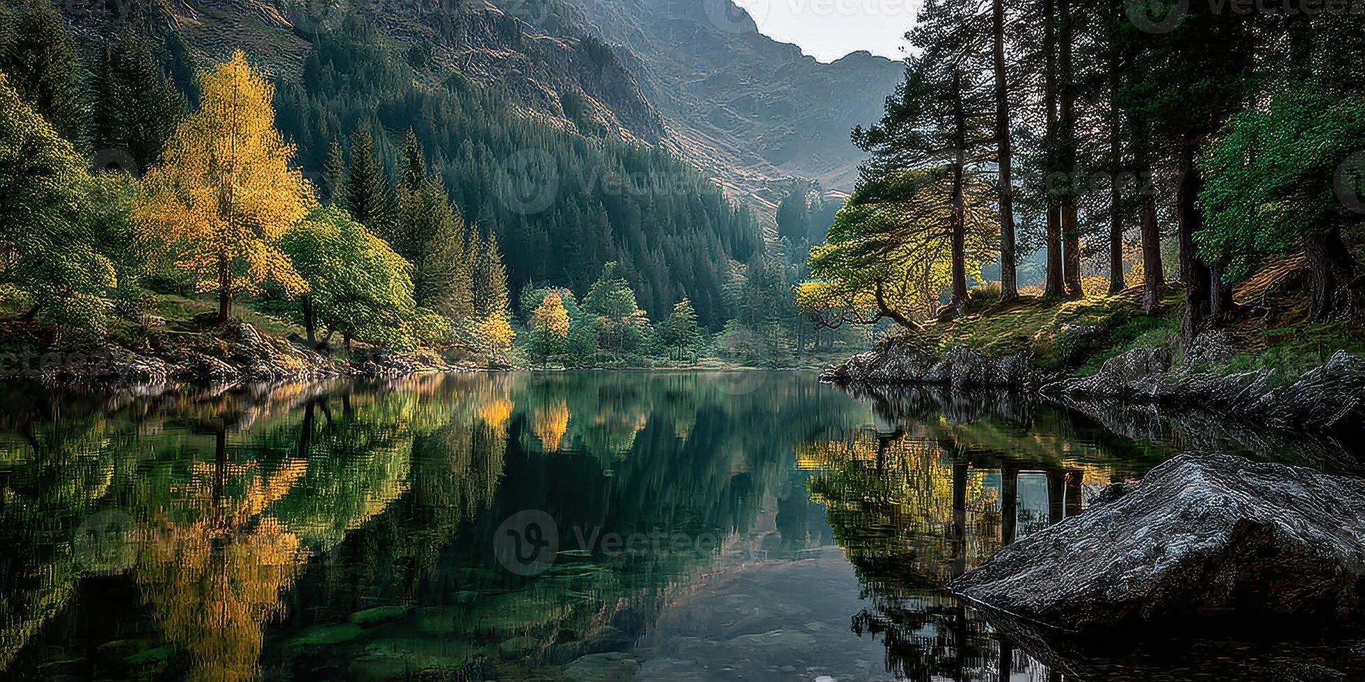Reflections of autumn colors in a tranquil lake surrounded by mountains in a dense forest during early morning light photo