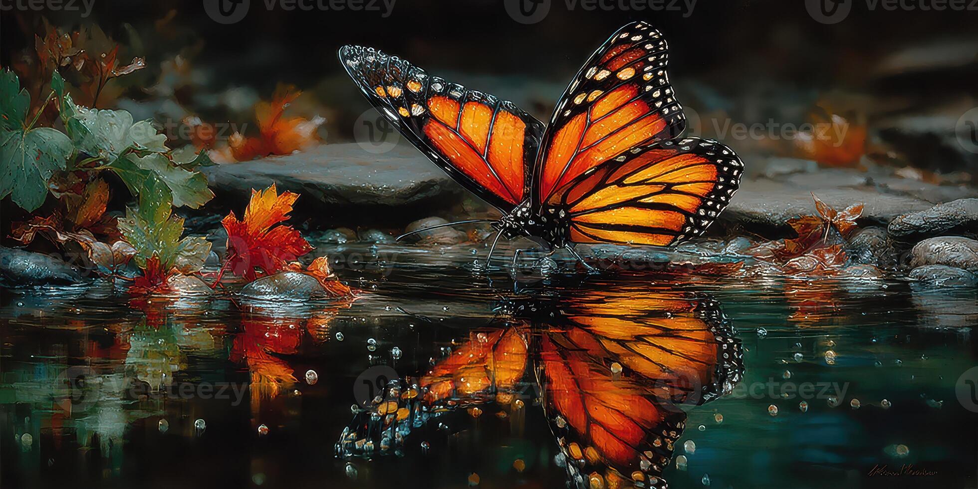 Monarch butterfly resting by a tranquil stream surrounded by autumn foliage in a serene nature setting photo