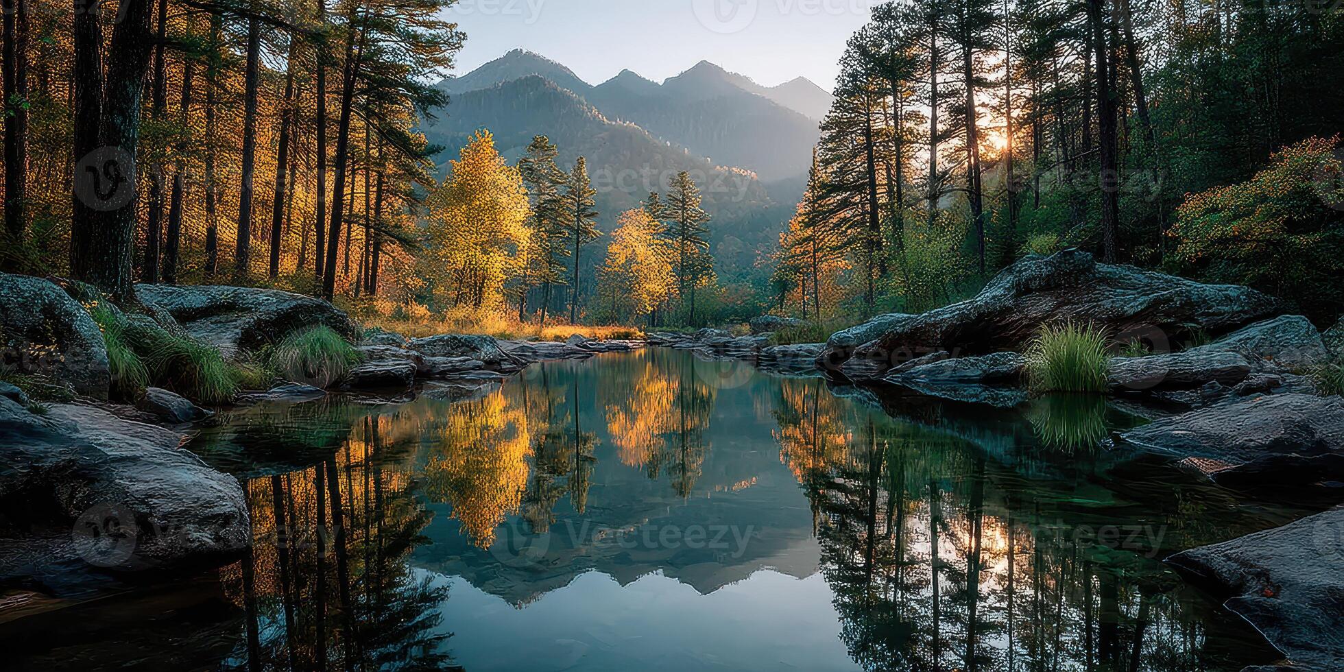 Serene morning at a mountain lake with autumn foliage reflecting in calm waters photo
