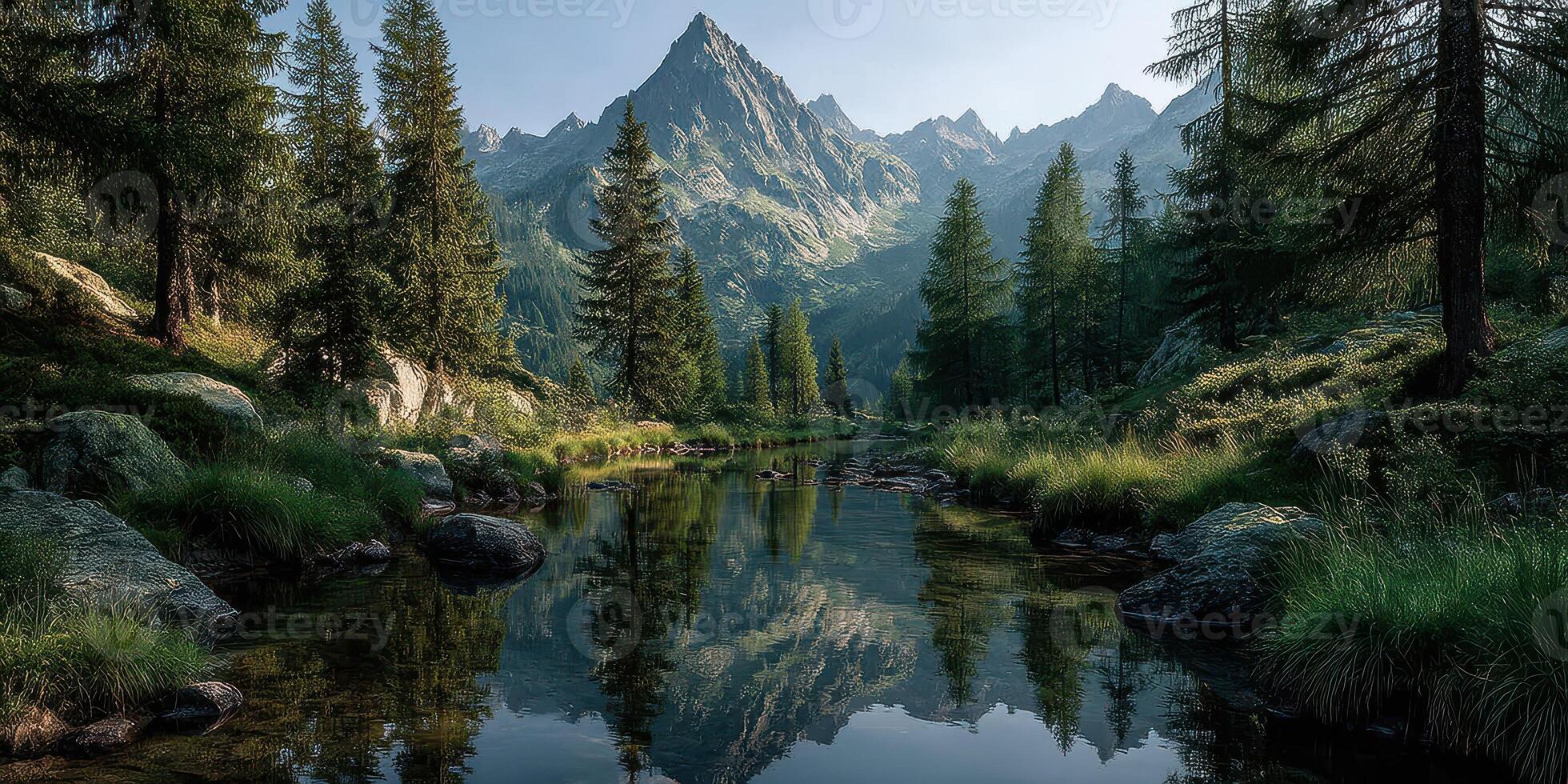 Tranquil mountain landscape with clear reflections in a serene lake during early morning hours photo
