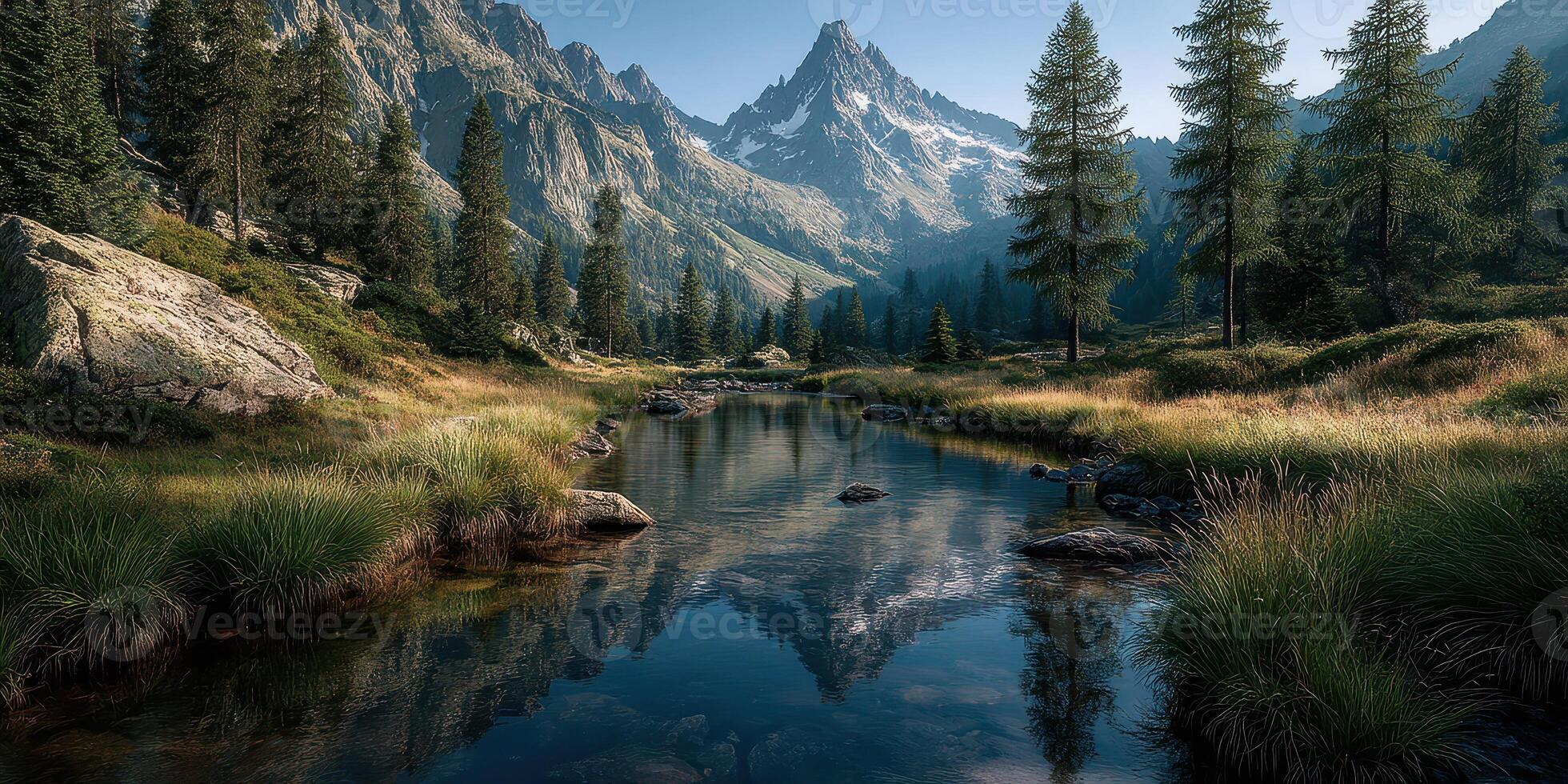Majestic mountain landscape reflecting in serene river during a clear day in an untouched wilderness photo