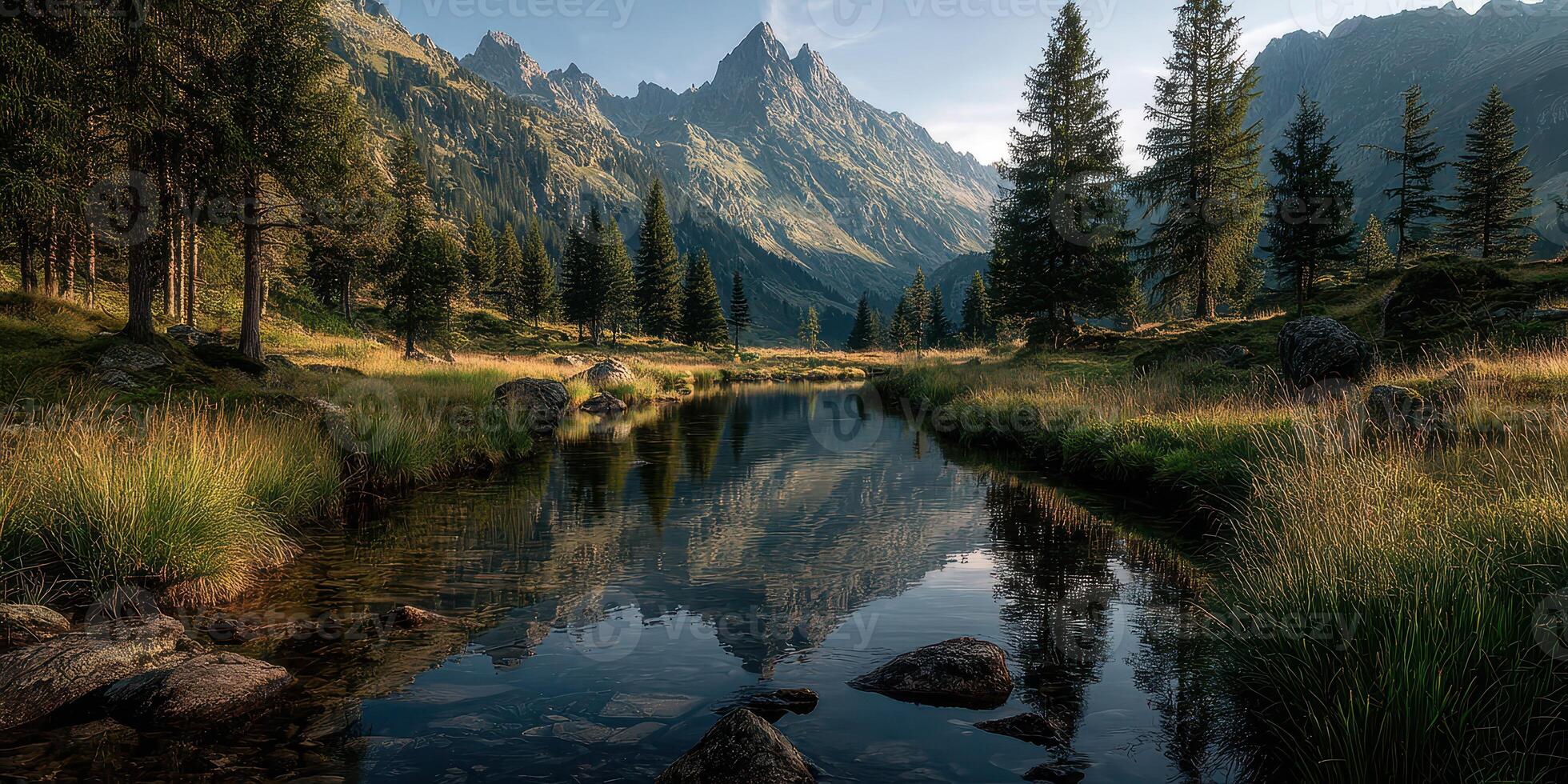 Mountain Reflection in a Serene River Surrounded by Tall Pines at Sunset photo