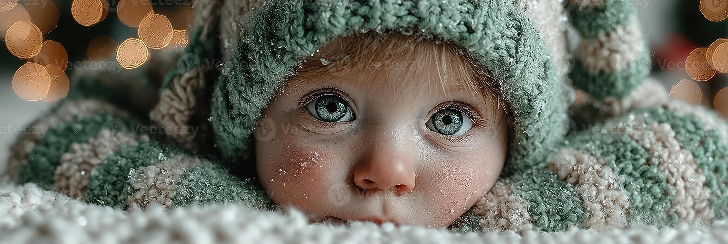 Cute baby in cozy striped winter hat gazing with big eyes while snowflakes surround in a festive atmosphere photo