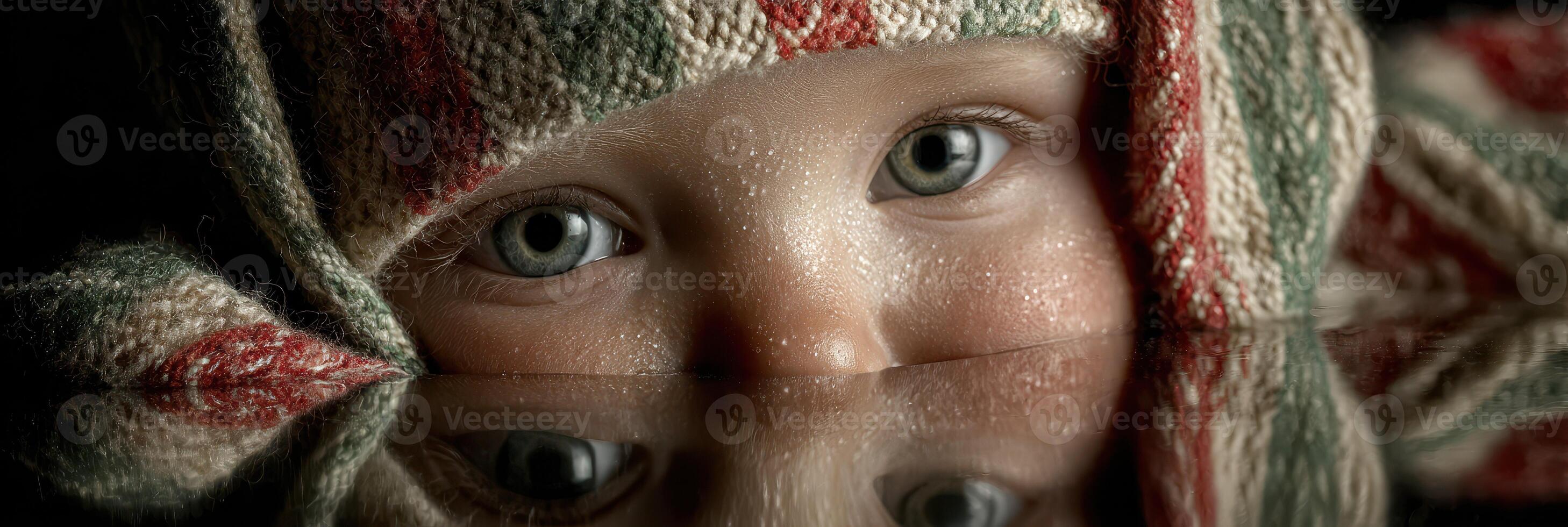 Close-up of a child's face with striking blue eyes reflected in water under soft light photo