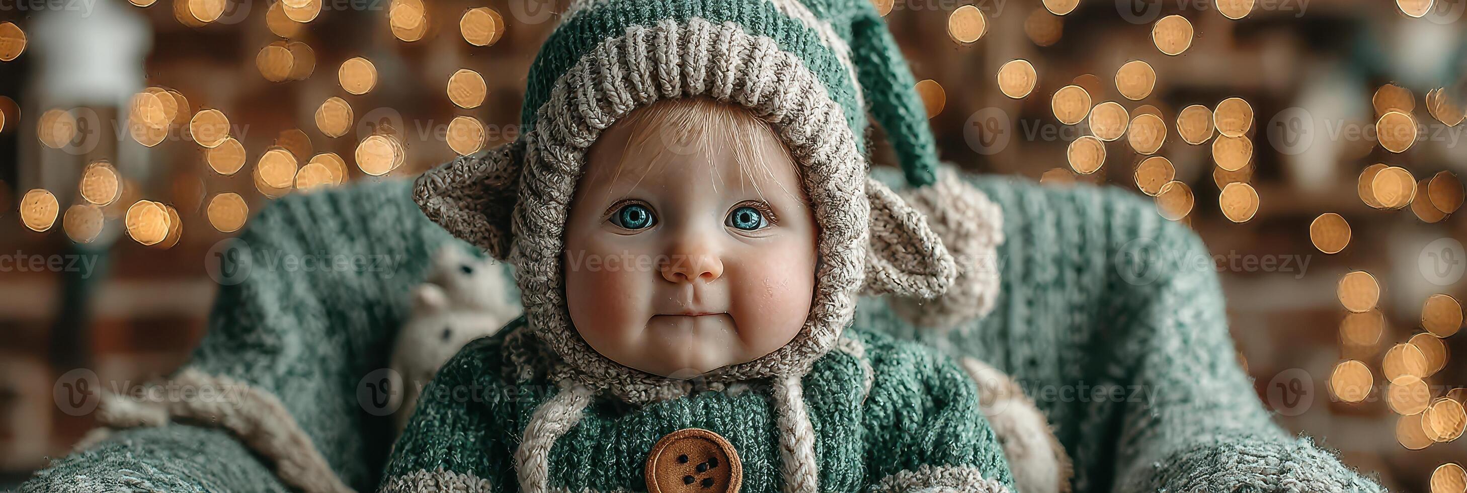 Cute baby in a cozy green outfit sitting in a chair surrounded by colorful lights during a festive season photo