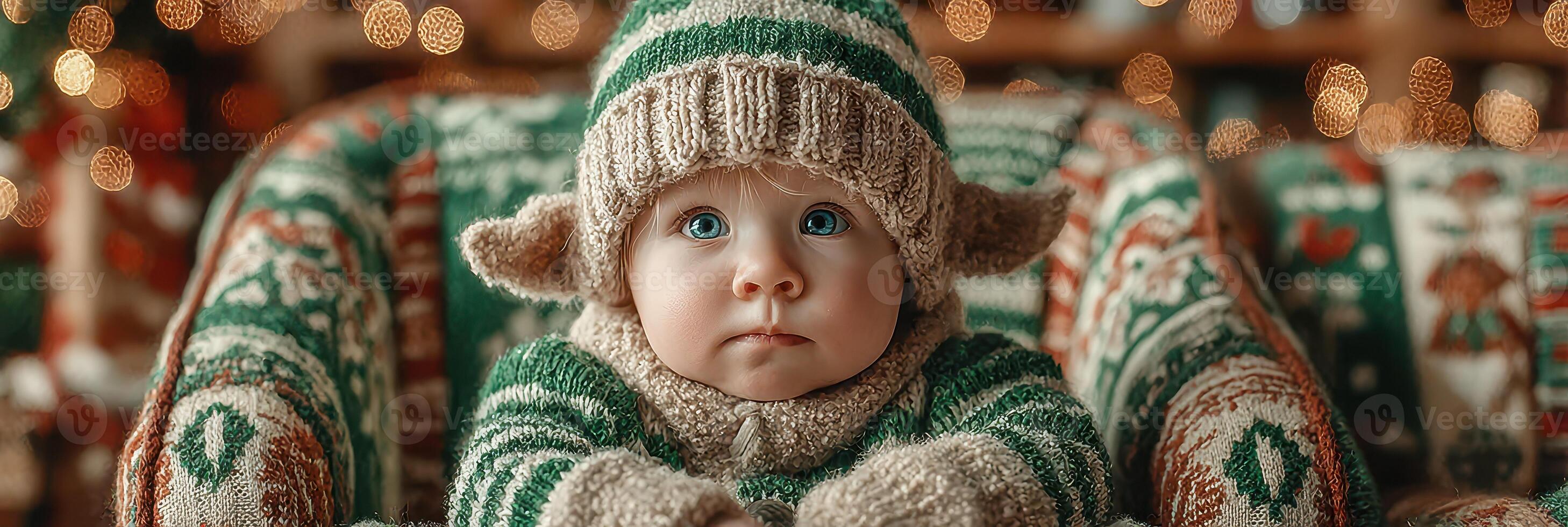 Cute baby in cozy winter outfit surrounded by festive decorations during the holiday season photo