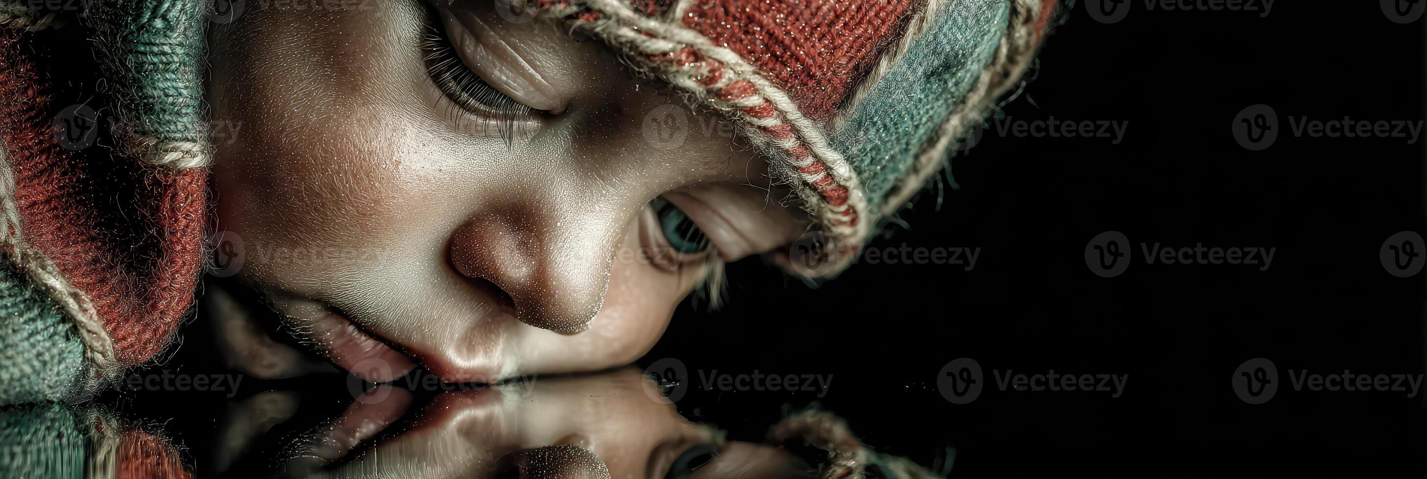 Child gazes thoughtfully at water reflection while wearing colorful knitted hat in a quiet indoor space photo