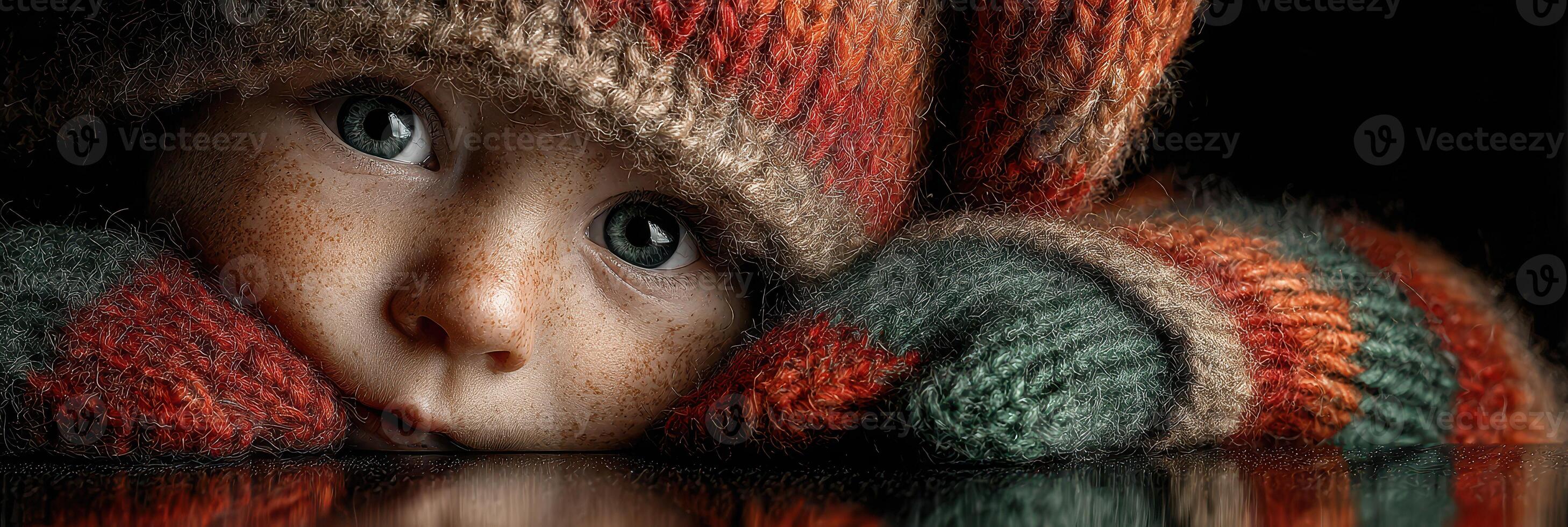 Cute child wearing knitted hat and mittens gazes thoughtfully while resting chin on hands in cozy indoor setting photo