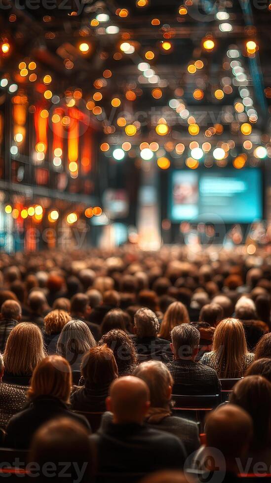 Crowd at a large conference with warm lighting and a presentation on stage in an industrial venue photo