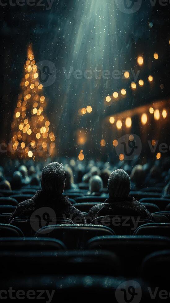 Couples enjoy a cozy winter evening by the glowing Christmas tree in a bustling theater filled with holiday spirit photo