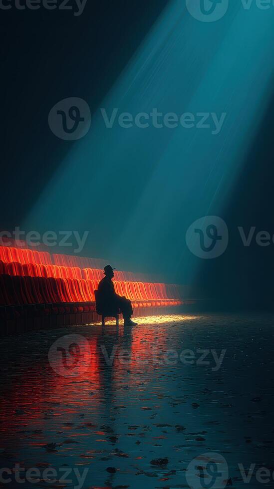 Lonely figure sitting in a dimly lit space with blue and red reflections during a quiet evening photo