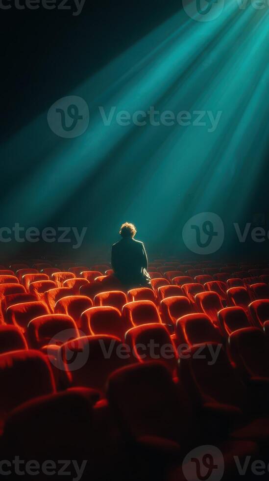 Individual seated alone in a sparsely populated theater illuminated by rays of light during a quiet moment of reflection photo